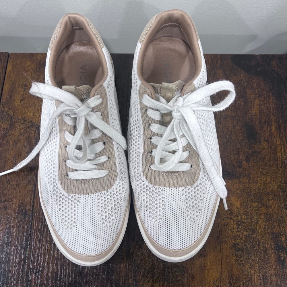 Vionic Galia Womens Knit Lace Up Sneakers White Tan Orthotic Support Shoes 7.5